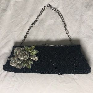 Letty Black Tie Beaded Crystal Clutch With Flower
